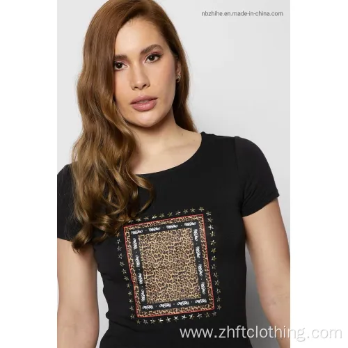 Womens Basic Leopard Print Short Sleeve T-Shirt